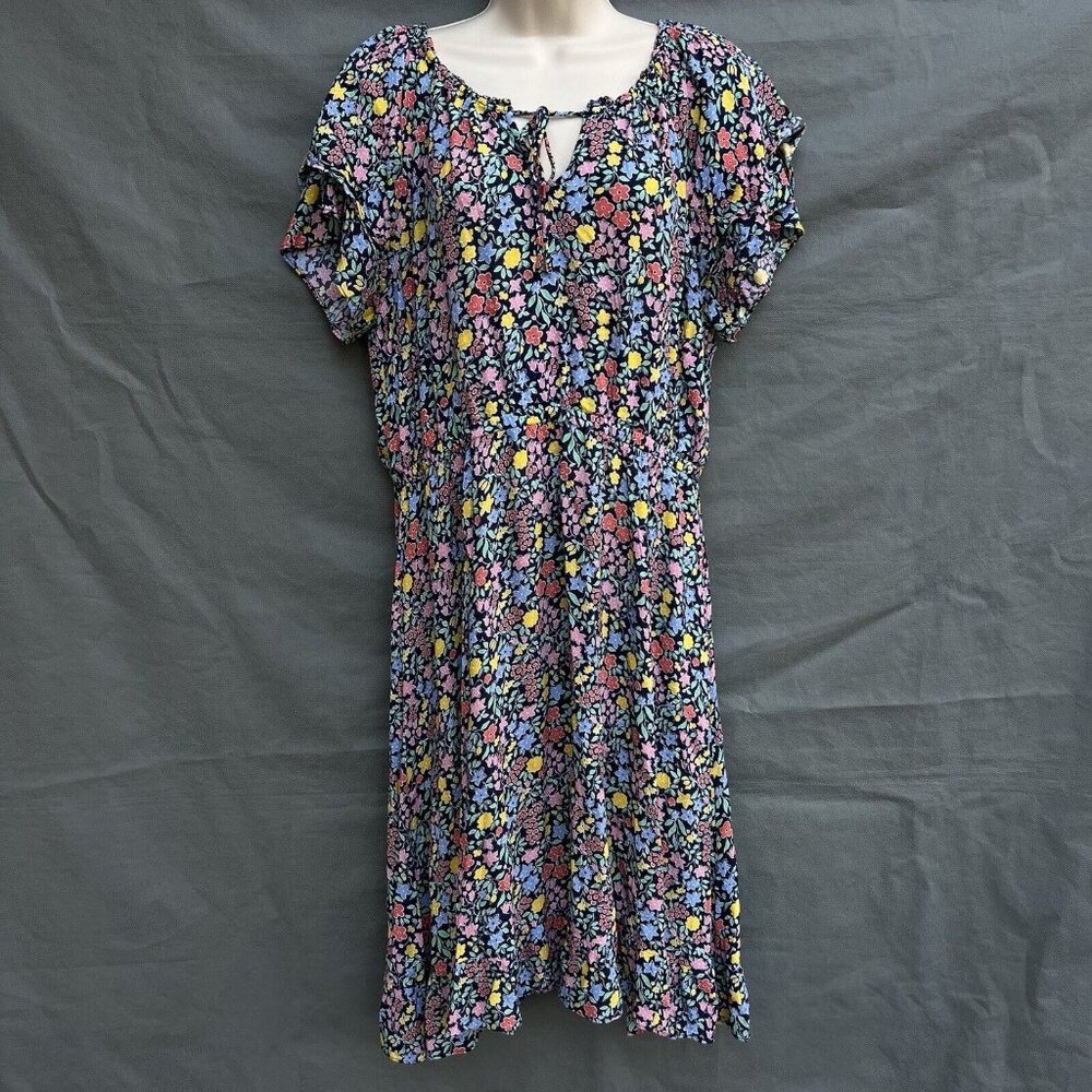 Talbots Blue Floral Size 14 Dress Key Hole Light Weight Short Sleeve Peasant